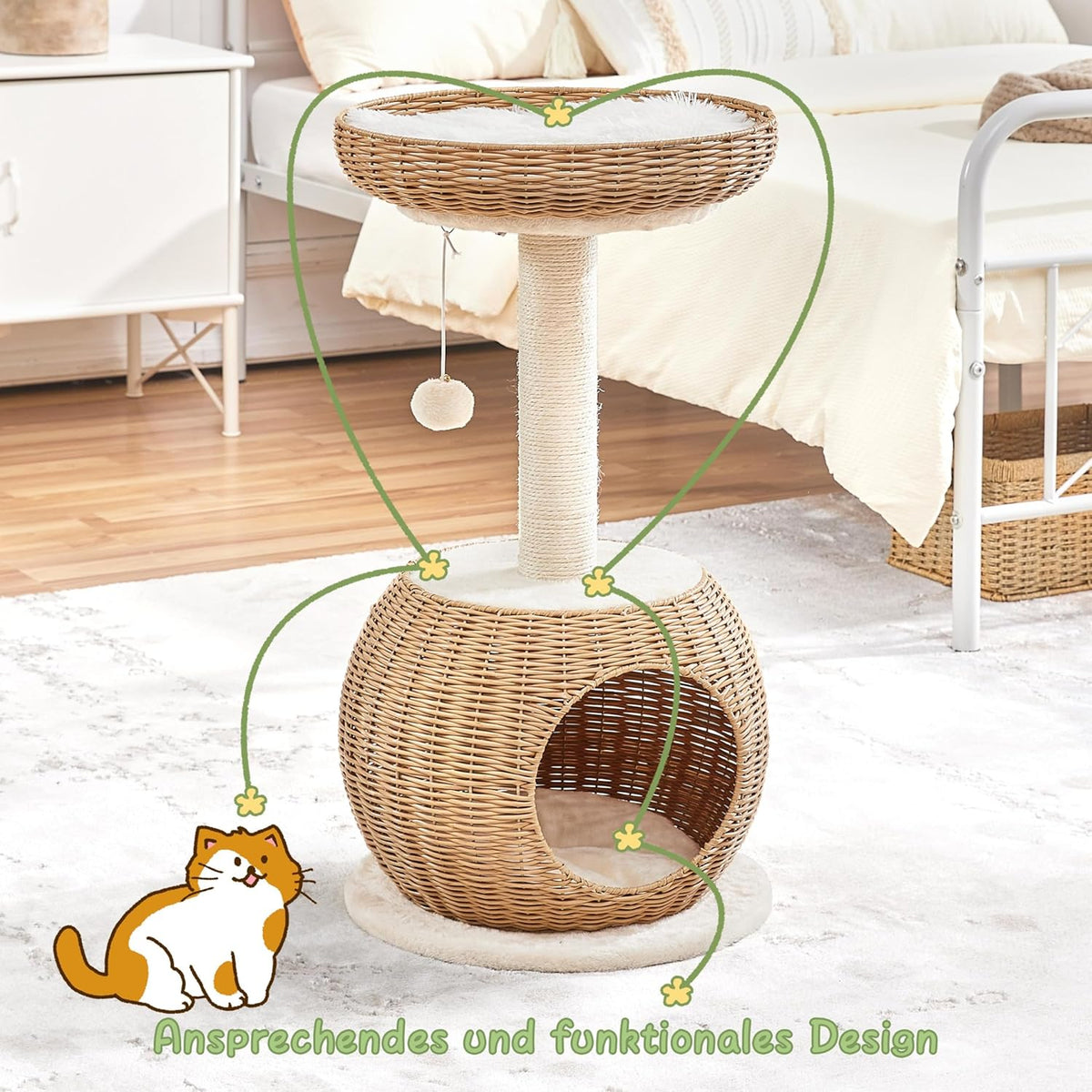 Yaheetech Katzenkratzbaum mit Korb und Katzenhaus - 75 cm - Beige - Kompaktes und stabiles Design