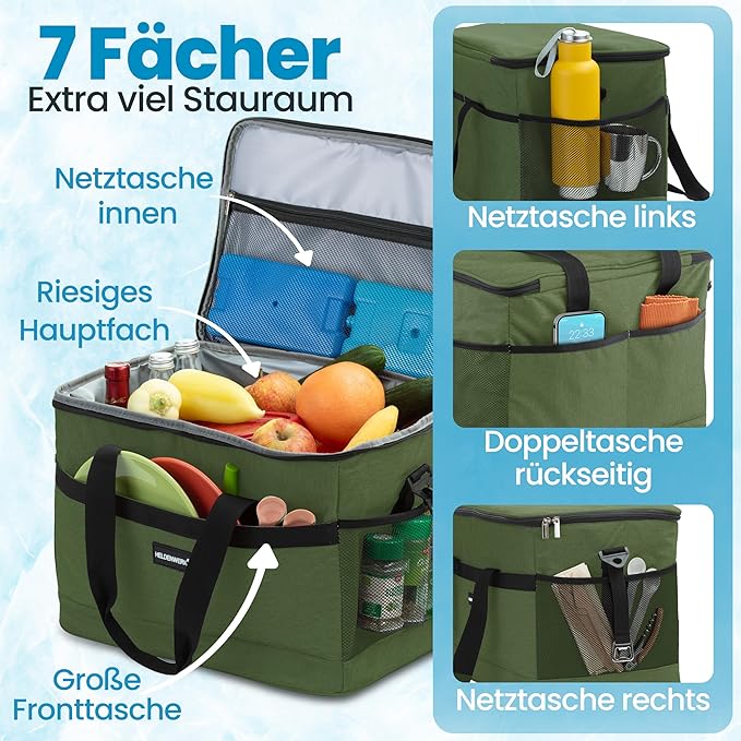 HELDENWERK Große faltbare Kühltasche - Kühltasche mit bis zu 12 Stunden Kühlleistung, auslaufsicher und wasserdicht - Thermotasche, Picknicktasche, Lunchbag, Isoliertasche mit 7 Fächern - verstärkter Boden - Olivgrün