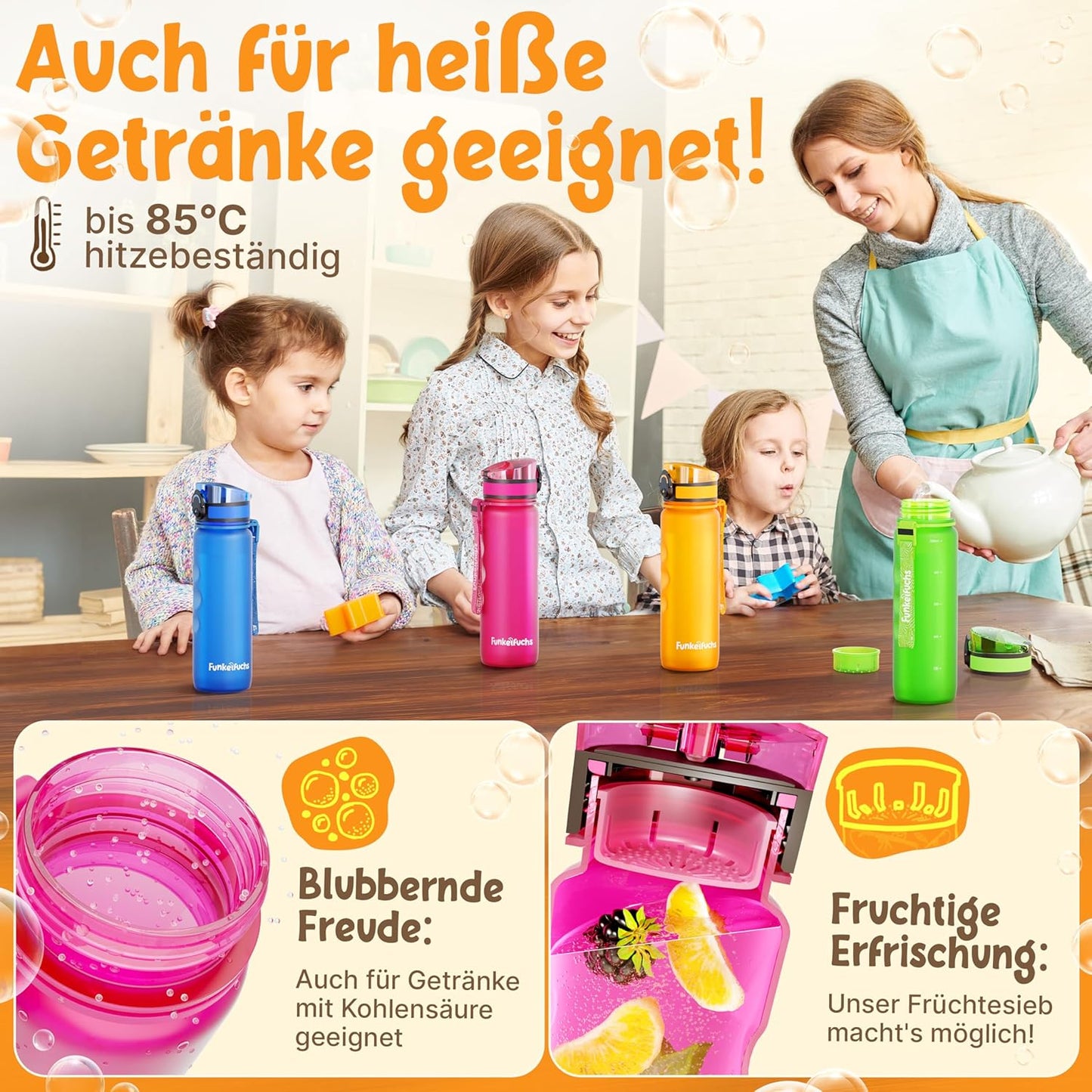 Funkelfuchs® Kindertrinkflasche - 500ml, rosa - mit Kohlensäure - 100% auslaufsicher - Wasserflasche spülmaschinenfest - für Kindergarten, Einschulung, Schule, Sport