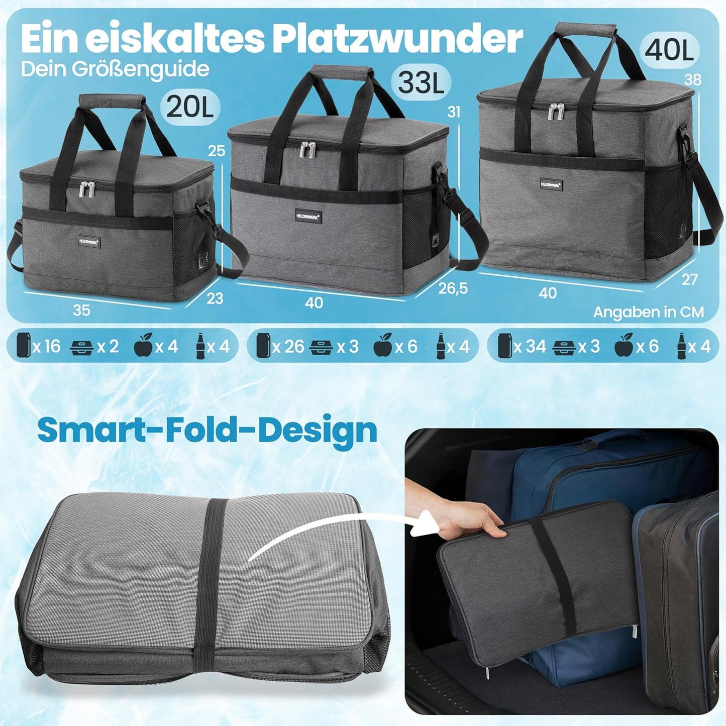 Heroic Große faltbare Kühltasche - Bis zu 12 Stunden Kühlleistung - Wasserdicht & Auslaufsicher - Mit 7 Fächern