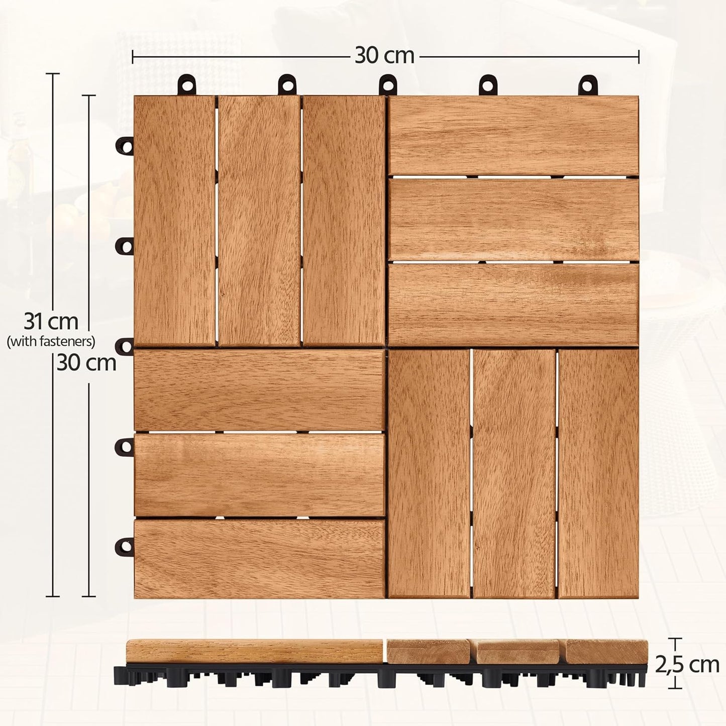 Yaheetech Akazienholz-Decking-Fliesen Hellbraun - 27 Stück - 30 x 30 cm - Wasserfeste Klick-Fliesen für Balkon, Terrasse & Garten