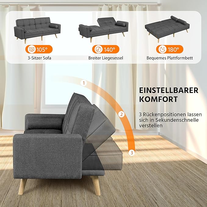 Yaheetech Schlafsofa Dunkelgrau - 3-in-1 Klappsofa mit verstellbarer Rückenlehne - Liegefläche 163 x 106 cm