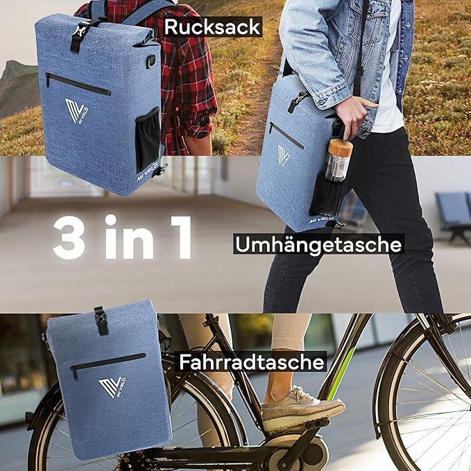MIVELO Gepäckträgertasche für Gepäckträger - 3-in-1 - 25 Liter Fassungsvermögen - Jeansblau & Wasserdichtes Polyester - Reflektierende Details - Für den täglichen Gebrauch