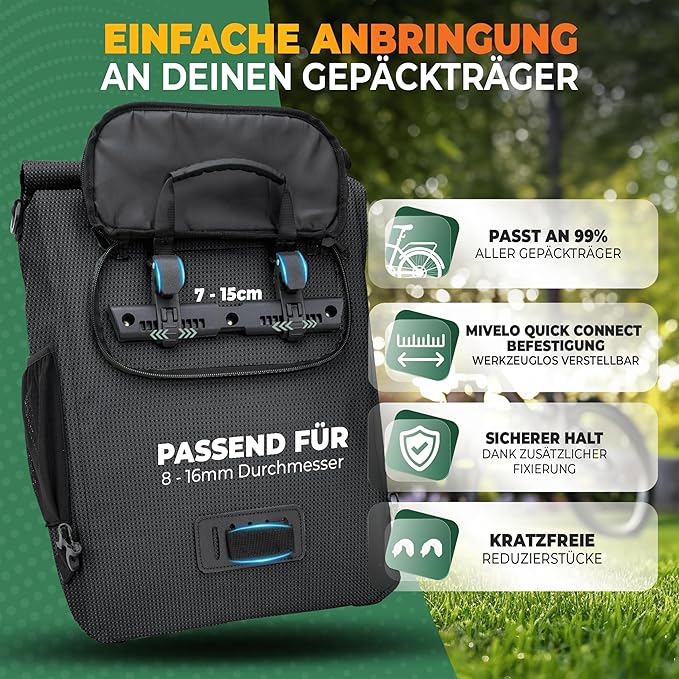 MIVELO 3-in-1 Packtasche - Rucksack & Umhängetasche - Wasserdicht - Mit Laptopfach - 20L - Schwarz Reflektierend