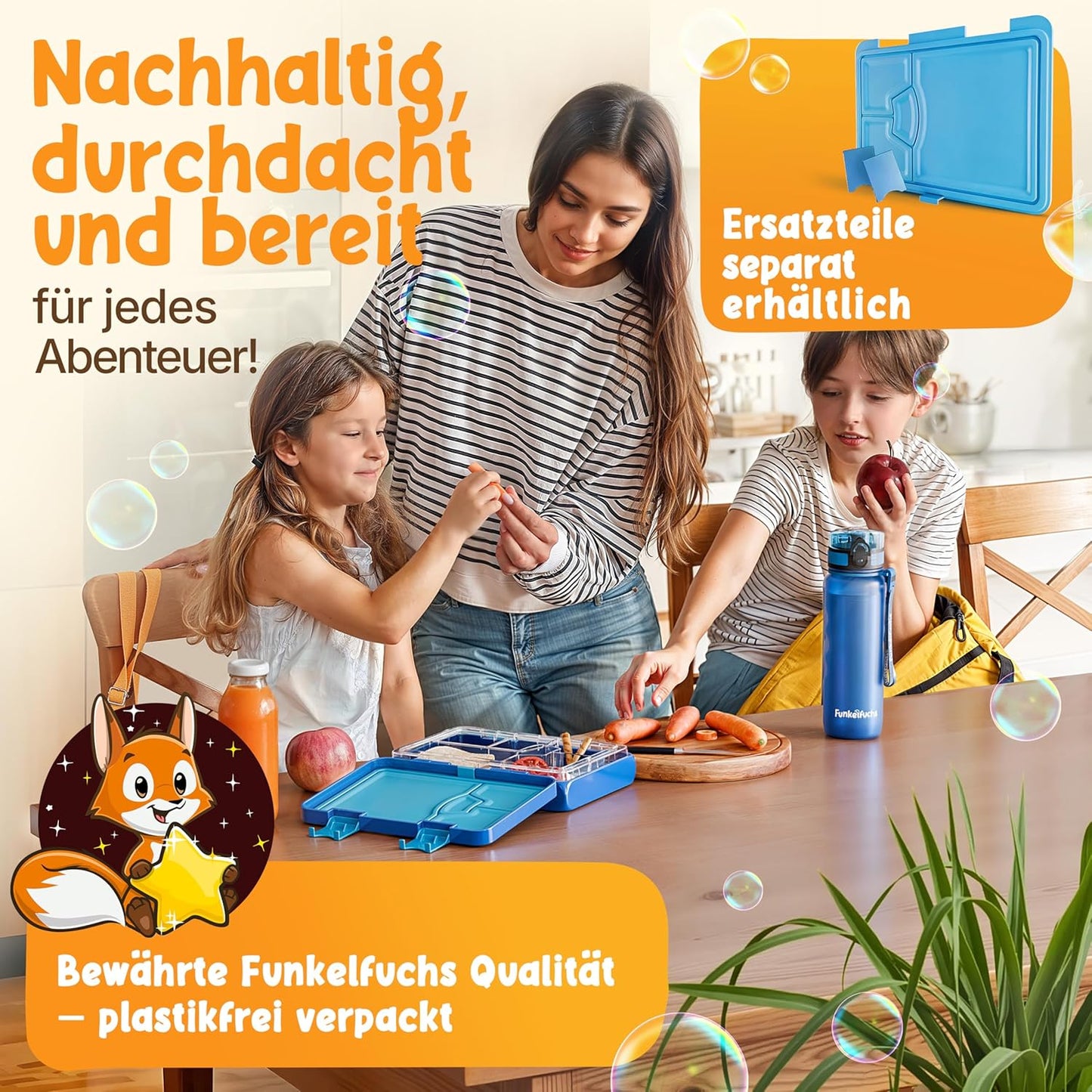 Funkelfuchs® Lunchbox kids - Mit Fach - 800ml - Groß - Für Schule und Kindergarten - Blau