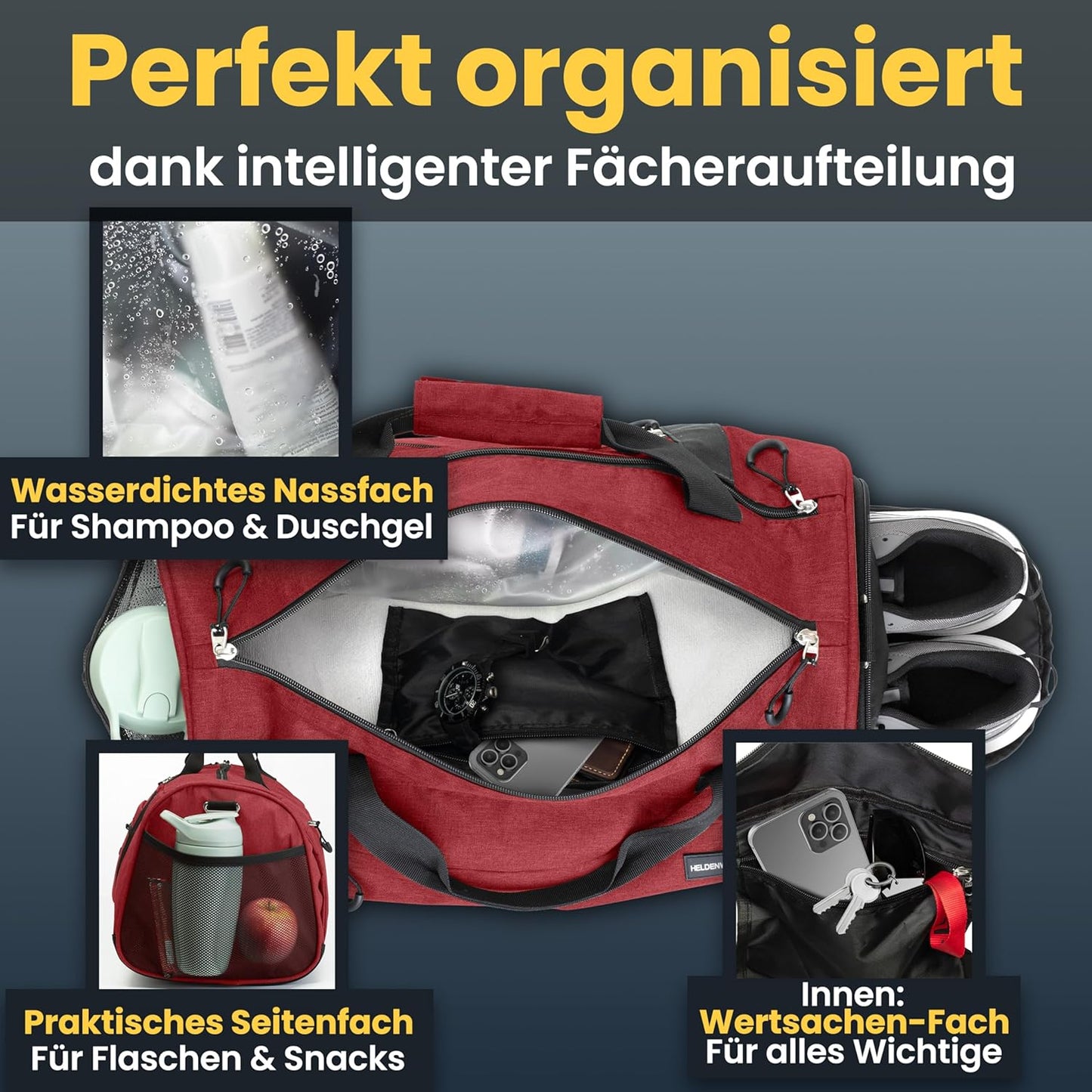 HELDENWERK Sporttasche - Sporttasche mit Schuhfach & wasserdichtem Nassfach - Workout- und Reisetasche für Damen & Herren - Fitness-, Reise- & Wochenendtasche - 50L - Pink