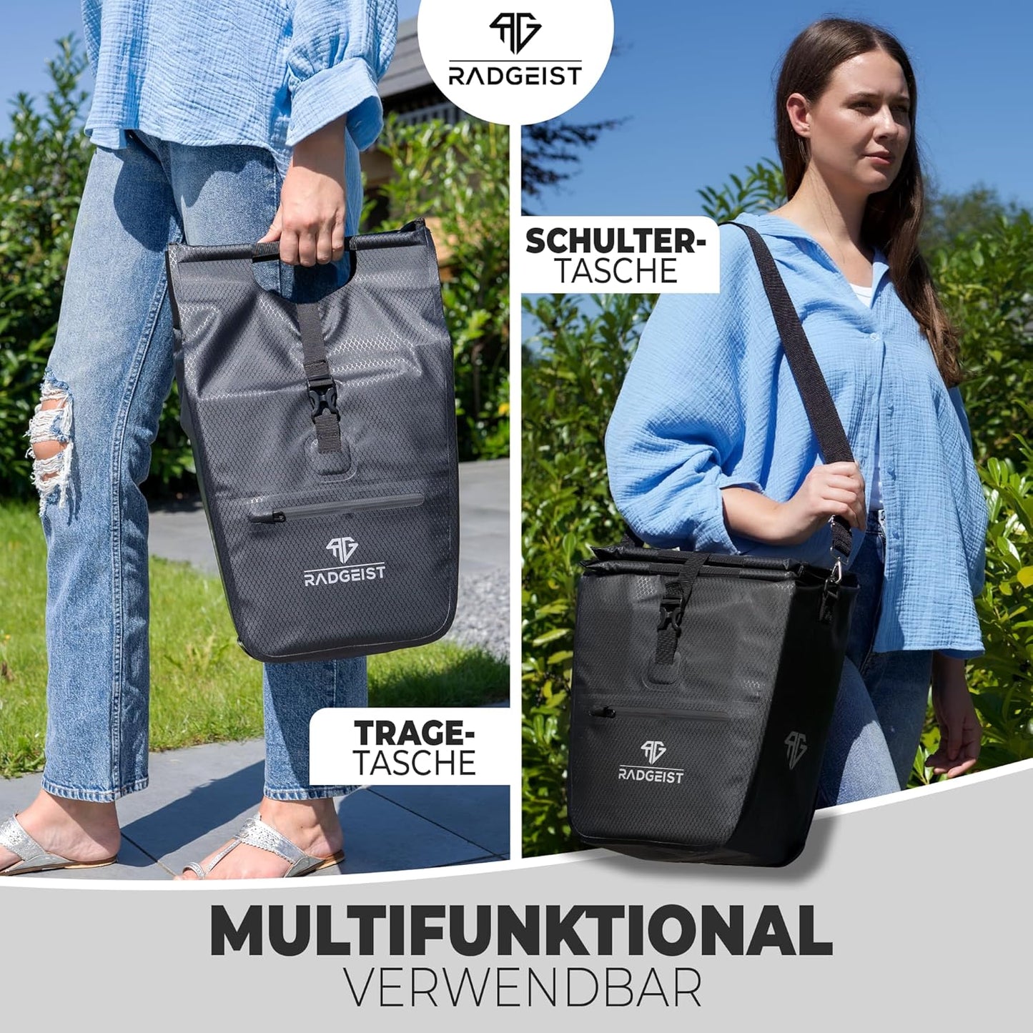 RADGEIST Fahrradtasche für Gepäckträger I Fahrradtasche Shopper mit abnehmbarer Kühltasche I Kuriertasche & Einkaufstasche 22-28 Liter - schwarz