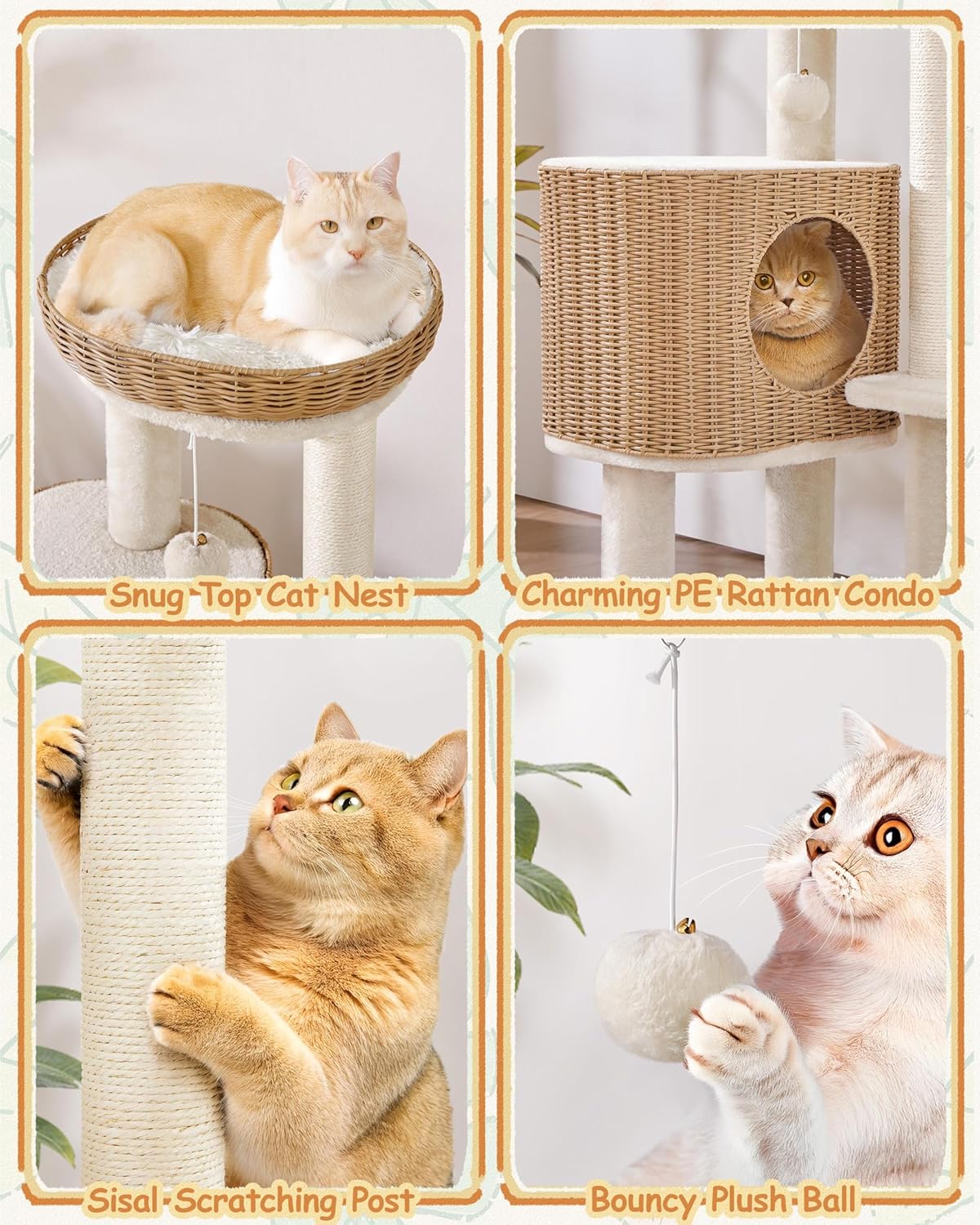 Yaheetech Katzenpfosten mit Rattan-Katzenhaus - 49 x 41 x 91 cm - ausgestattet mit Luxus-Katzenkorb und Sisal-Kratzern und weichen herausnehmbaren Matten - für Kätzchen und erwachsene Katzen - Beige Rattan und Plüsch