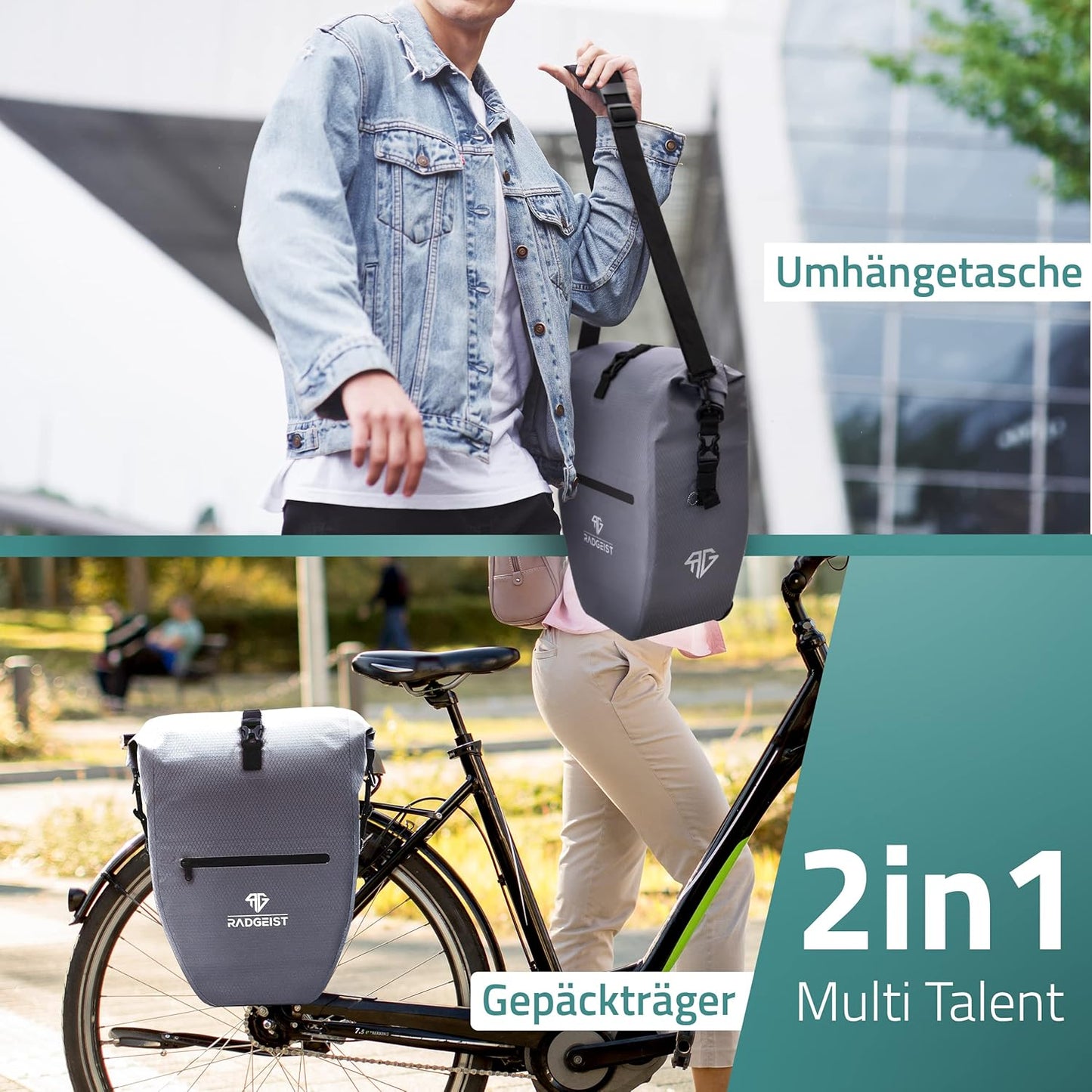 RADGEIST Fahrradtasche - Für Fahrradträger - Set - 2X - Wasserdicht & Umhängetasche - Mit Reflektoren