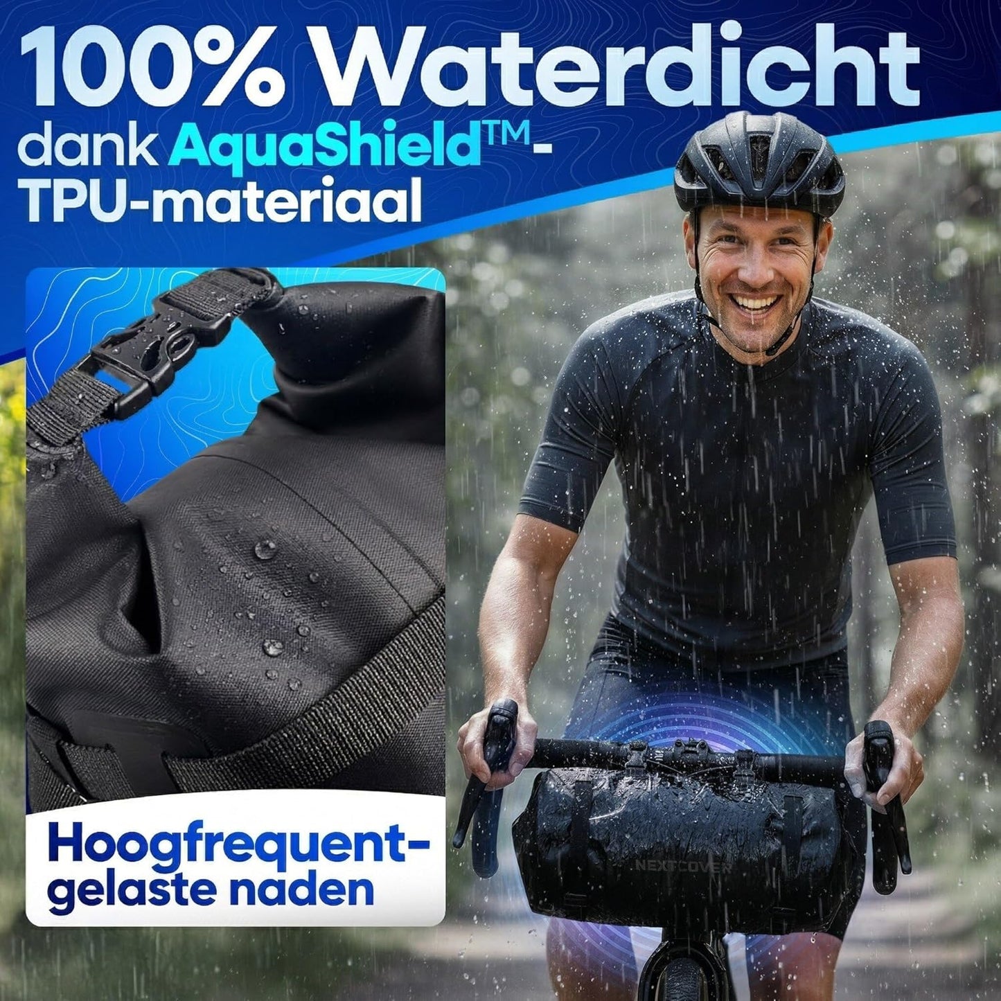 Nextcover Bikepacking Lenkertasche AquaShield - mit hochfrequenzgeschweißten Nähten und lackierfreundlicher Befestigung und universeller Passform - für Mtb und Gravel Bike - schwarzes Tpu - 10 Liter