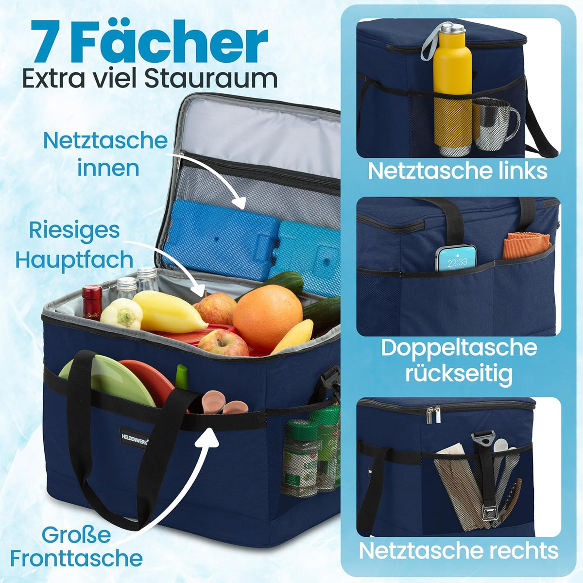 Heroic Kühltasche - 30L - 12 Stunden - 7 Fächer - Marineblau