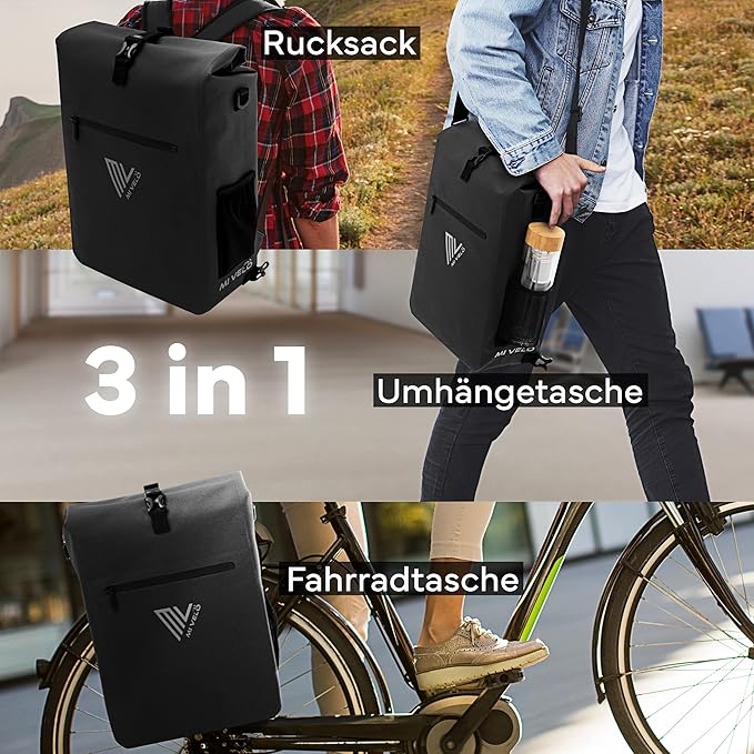 MIVELO 3-in-1 Packtasche - Gepäcktasche, Rucksack & Umhängetasche - 25L - wasserdicht & PVC-frei - abnehmbare Laptoptasche - Schwarz