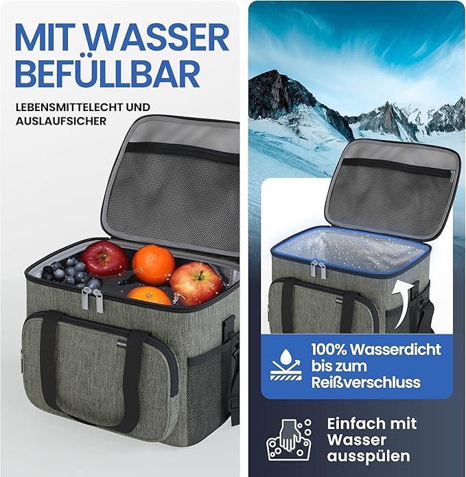 HELDENWERK Große Kühltasche, faltbar, isolierte Kühltasche, Thermotasche, auslaufsicher und wasserdicht, Picknick-Lunchbag, Frühstückstasche, Thermotasche, Isoliertasche - Olivgrün