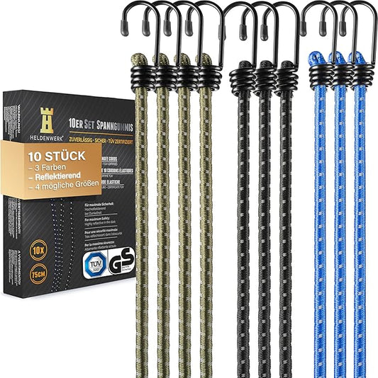 Heldenwerk Expander-Set – 10 Stück – Heavy-Duty – Reflektierend – UV-beständig – Wetterfest – Schwarz