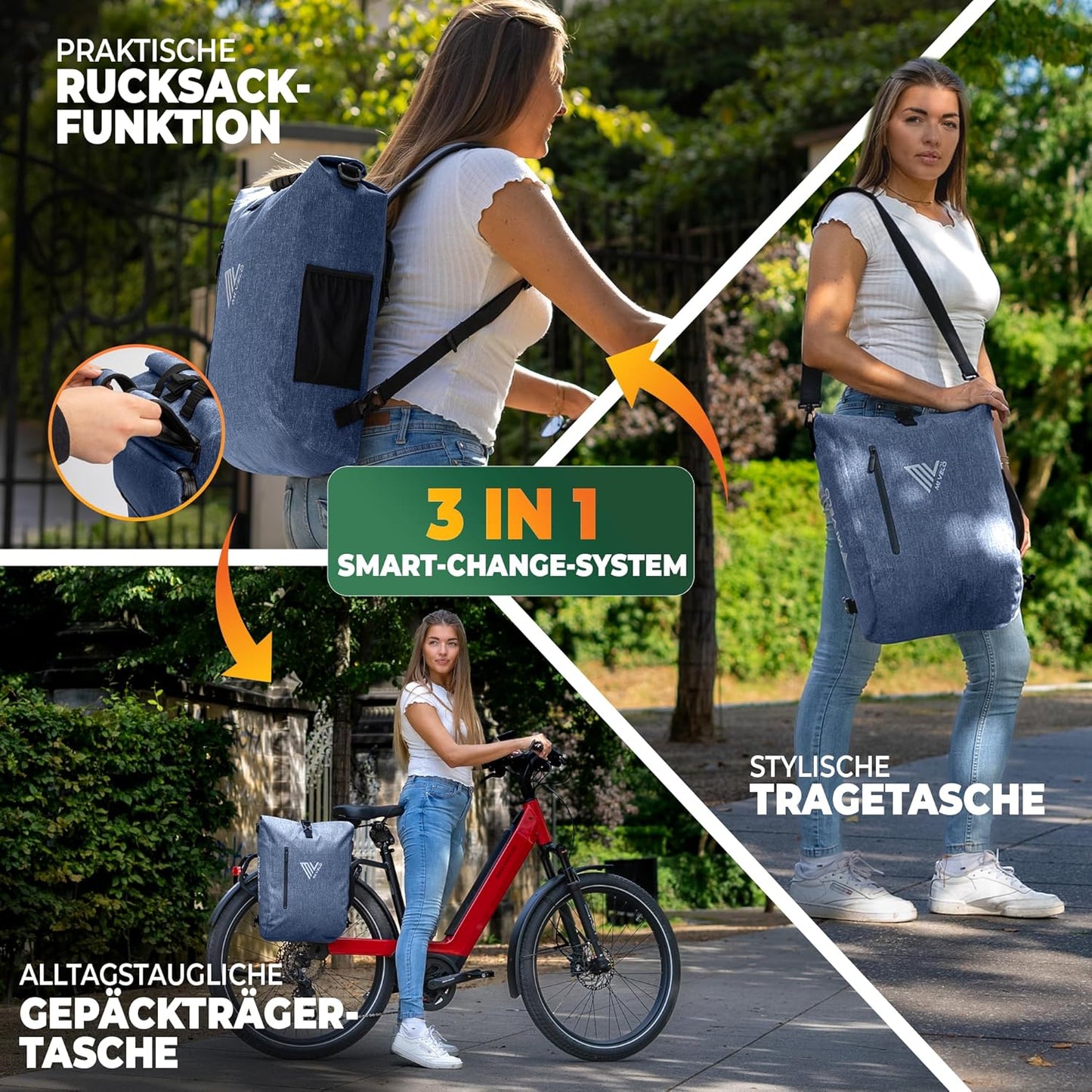 MIVELO - 3-in-1 wasserdichte Fahrradtasche mit Laptop-Fach und Schloss - PVC-frei - 20 L - Jeansblau