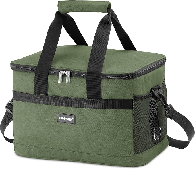 HELDENWERK Große faltbare Kühltasche - Kühltasche mit bis zu 12 Stunden Kühlleistung, auslaufsicher und wasserdicht - Thermotasche, Picknicktasche, Lunchbag, Isoliertasche mit 7 Fächern - verstärkter Boden - Olivgrün