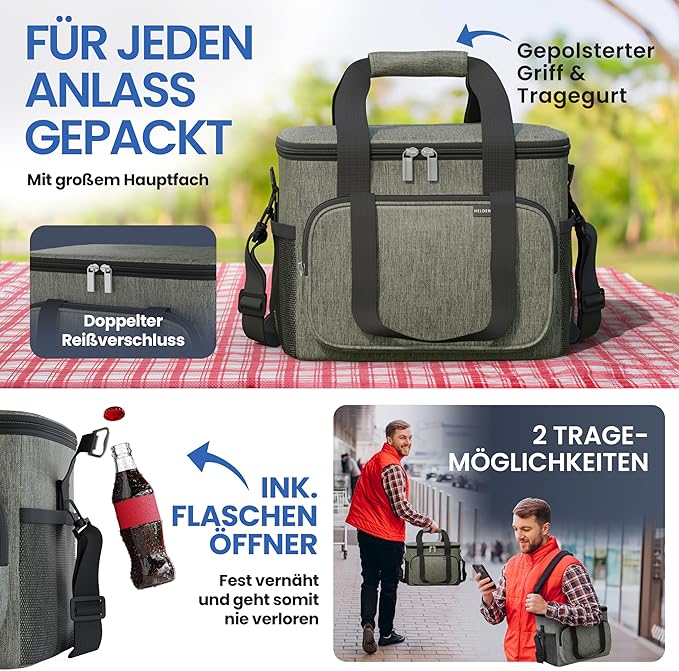 HELDENWERK Große Kühltasche, faltbar, isolierte Kühltasche, Thermotasche, auslaufsicher und wasserdicht, Picknick-Lunchbag, Frühstückstasche, Thermotasche, Isoliertasche - Olivgrün