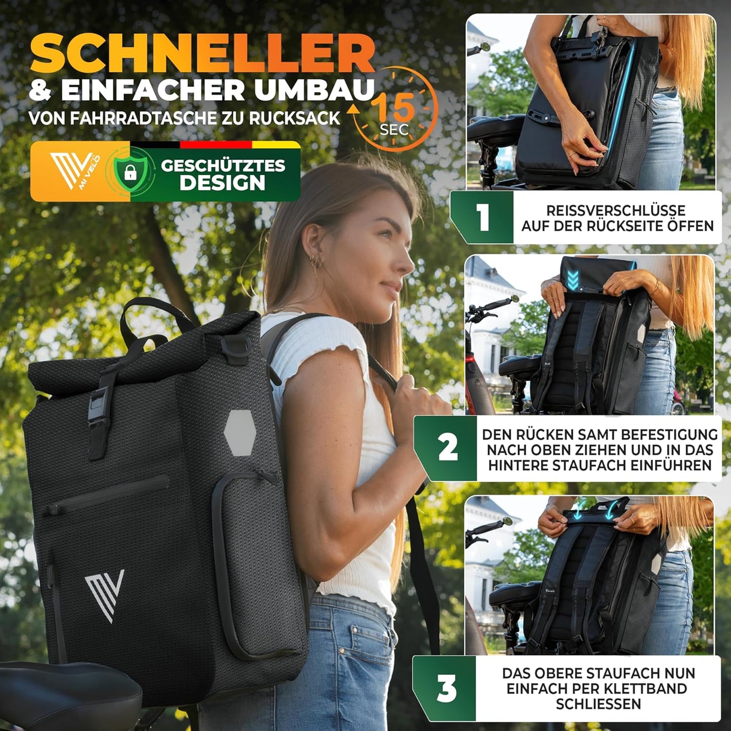 MIVELO 3-in-1 Packtasche, Rucksack und Umhängetasche - Wasserdicht - 25L - Mit Laptop-Fach & Schnellumwandlungsfunktion - Schwarz reflektierend