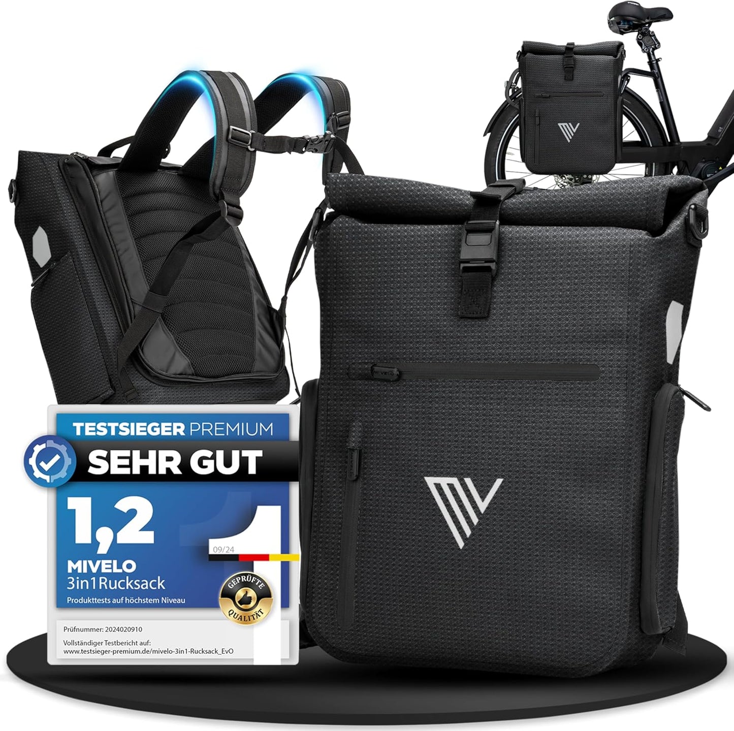 MIVELO 3-in-1 Packtasche, Rucksack und Umhängetasche - Wasserdicht - 25L - Mit Laptop-Fach & Schnellumwandlungsfunktion - Schwarz reflektierend