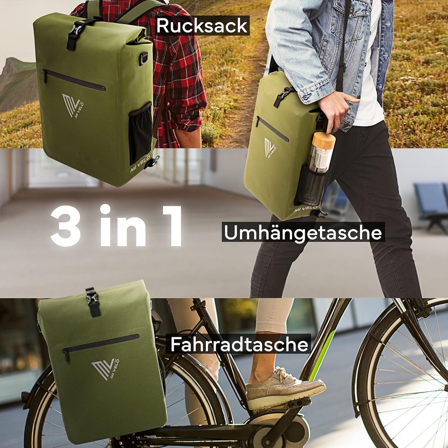 MIVELO 3-in-1 Packtasche für Gepäckträger - 100% wasserdicht - PVC-frei - Olivgrün - 25L