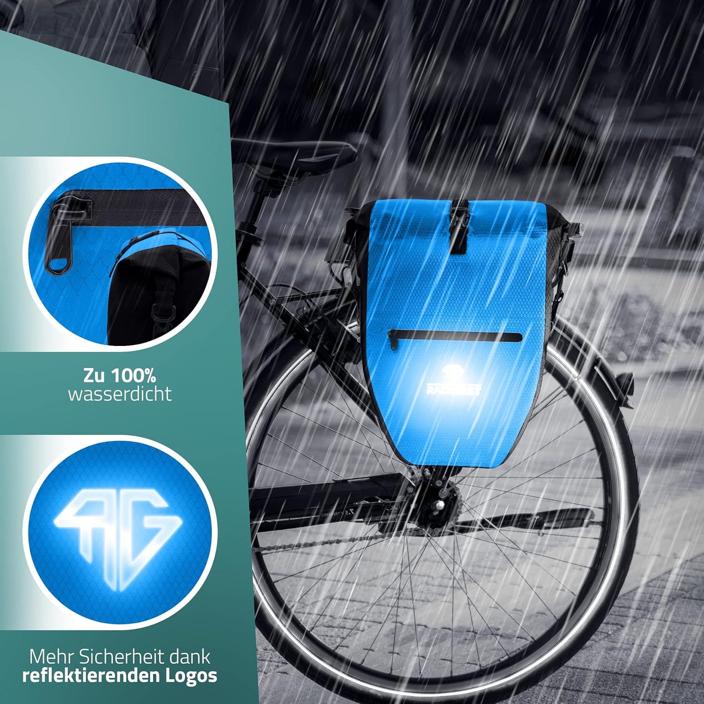 RADGEIST Fahrradtasche - Für Fahrradträger - Wasserdicht - Mit Reflektoren - 28 Liter - Blau