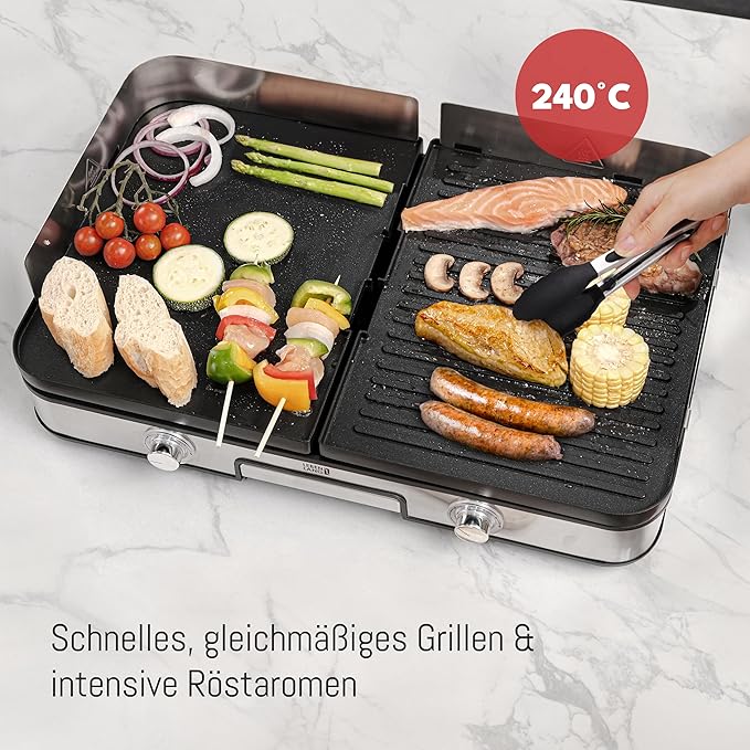 LEBENLANG Elektro-Tischgrill - 2400W - inkl. Grillzange und Spritzschutz - 35 x 52 x 10 cm - Edelstahl