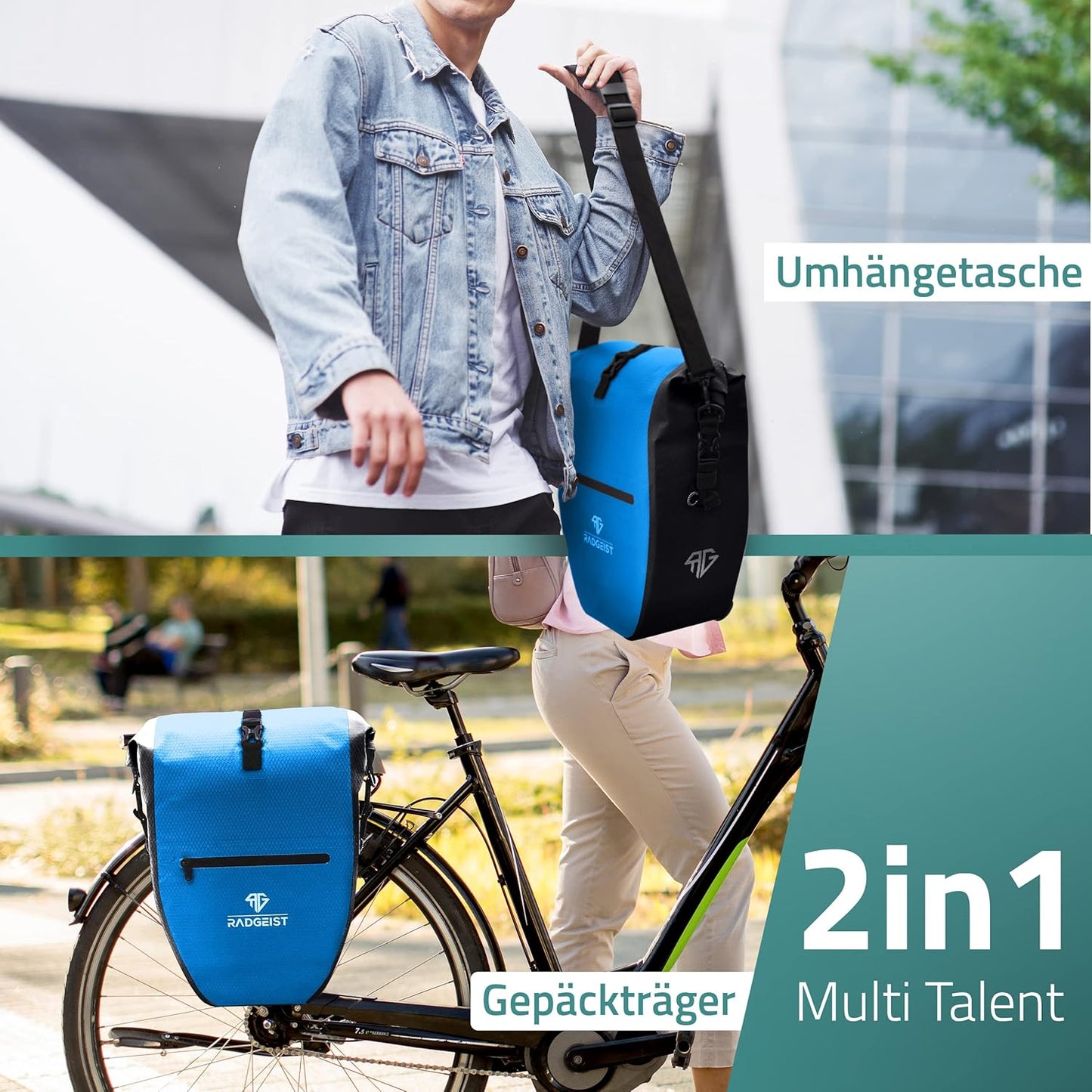 RADGEIST Fahrradtasche - Für Fahrradträger - Wasserdicht - Mit Reflektoren - 28 Liter - Blau