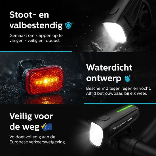 Inlustro Wiederaufladbares LED-Fahrradlicht-Set - Mit Blendschutz und Bremssensor - Rennrad / Radfahren / MTB Fahrradlicht - Fahrradlicht rot und Scheinwerfer weiß - Vorderlicht Rücklicht Fahrradlicht - Wasserdicht / USB-C