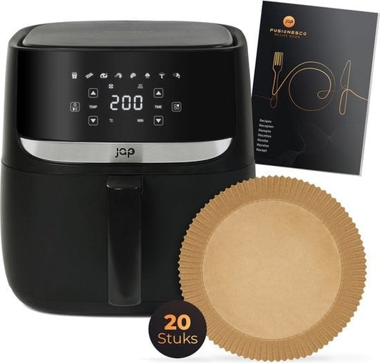 JAP Appliances Aspire - XXL Airfryer (5,6 Liter) - Inklusive 20 Stück Backpapier - 1, 2 bis 6 Personen - Kochbuch - 8 Automatikprogramme - Große XL Heißluftfritteuse - Digitaler Touchscreen - PFAS-frei - 1700W