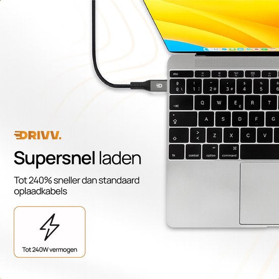 Drivv. USB-C-zu-USB-C-Kabel 4.0 – Gen 3 – 240 W Schnelllader – 8K 60 Hz – 40 Gbit/s – 3 Meter – Nylon – Schwarz