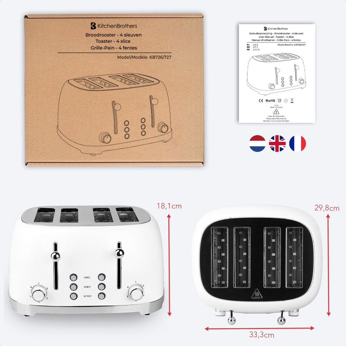 KitchenBrothers Retro-Toaster - 6 Heizstufen - 4 extra breite Schlitze - 1630W - Aufwärm- und Auftaufunktion - Weiß