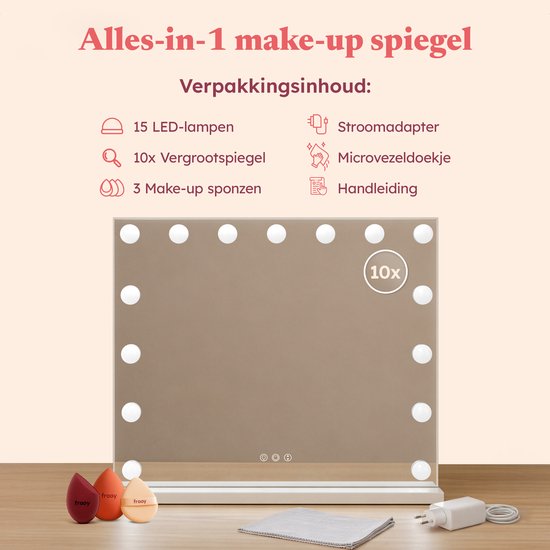 Fraay® Hollywood Spiegel mit Beleuchtung 60x50cm - 3 Lichtstufen - Luxus Make Up Spiegel mit 10-facher Vergrößerung Spiegel - LED Beleuchtung dimmbar - Inkl. 2 Beauty Blenders und Puderquaste