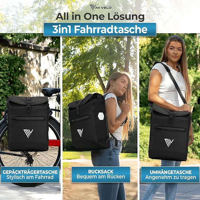 MIVELO Gepäckträgertasche - 3-in-1 - Rucksack - Gepäckträgertasche - Wasserdicht - Laptopfach - 20L