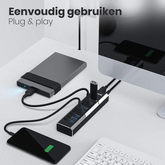 Auronic USB Hub 3.0 - USB Splitter mit 10 Ports - mit Netzteil - 5 GBPs - Led-Anzeige - Schwarz