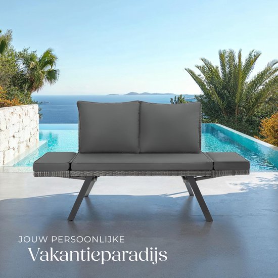 tectake® 2-in-1 Geflecht-Gartenbank Sintra - Verstellbare Handläufe - Gartenset - Liege - Balkon-Lounge-Bank - Inkl. Kissen - Outdoor-Lounge-Sofa - UV- und witterungsbeständige Sonnenliege - Grau