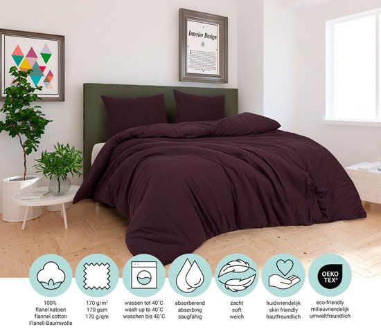 DoubleDry Bettbezug aus Flanell, 100 % weiche Baumwolle – Einzelbett 140 x 200/220 cm + 1 Kissenbezug – atmungsaktiv & hautfreundlich – Lila