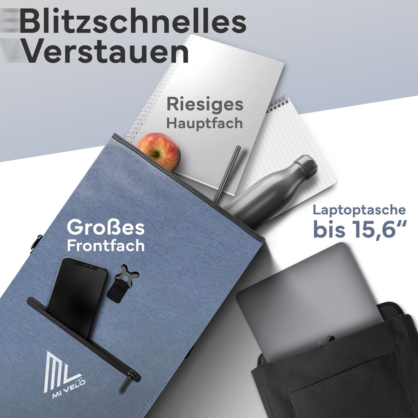 MiVelo 3-in-1 Fahrradtasche - Rucksack - 25L - Wasserdicht - 58×30×15 cm - Jeansblau