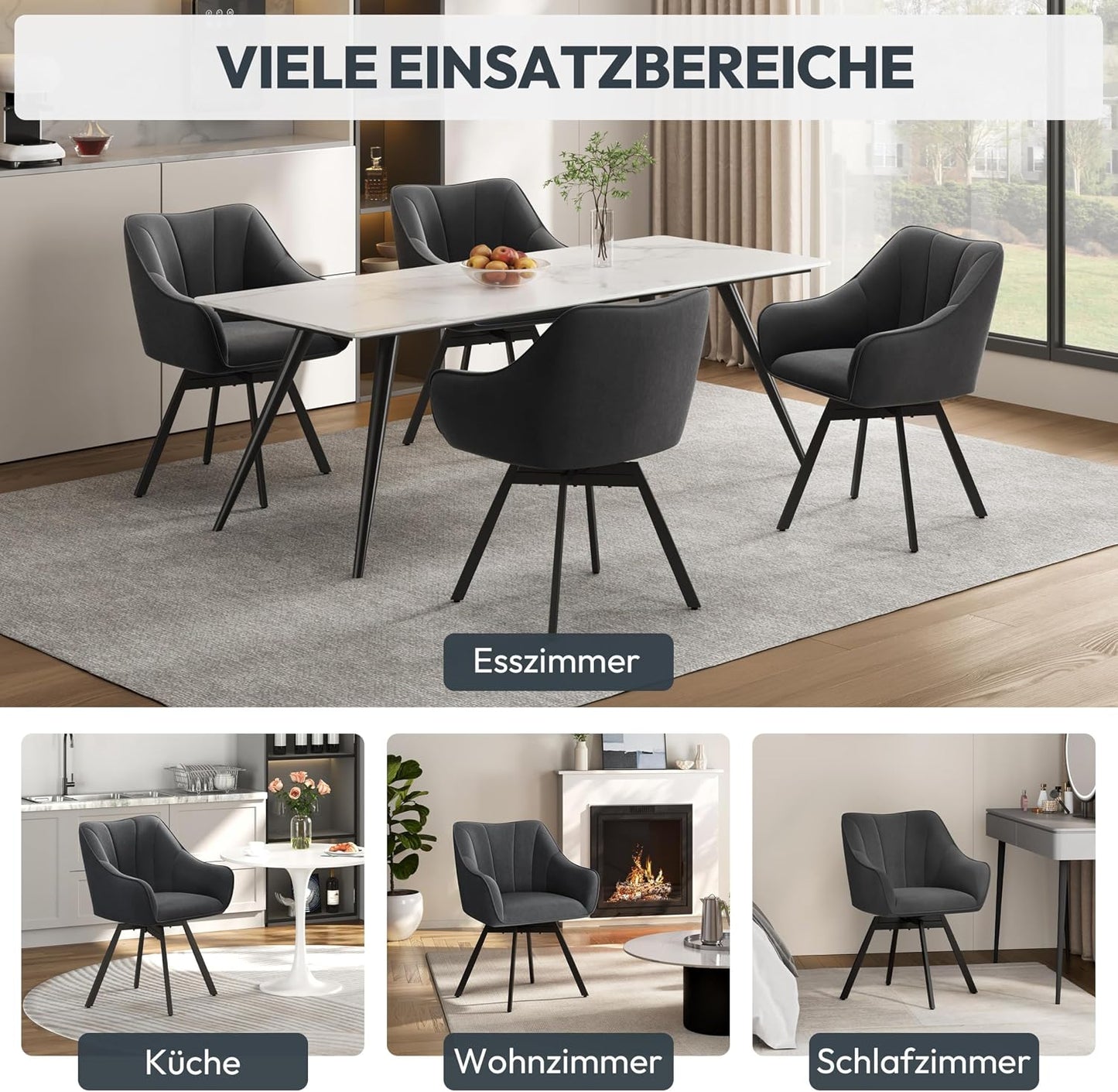 Yaheetech Esszimmerstuhl, um 360° drehbar, mit Armlehnen – Samt – 55 x 58,5 x 82 cm – Dunkelgrau