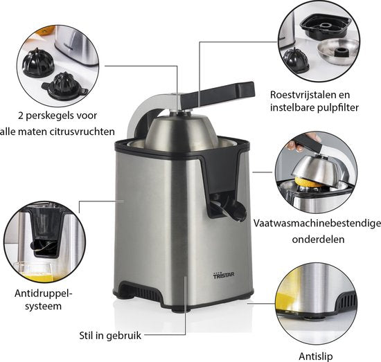 Tristar Elektrische Zitruspresse – CP-3009 – 350 W – inkl. 2 Presskegel, Fruchtfleischfilter, Tropfstopp, Presshebel – Edelstahl