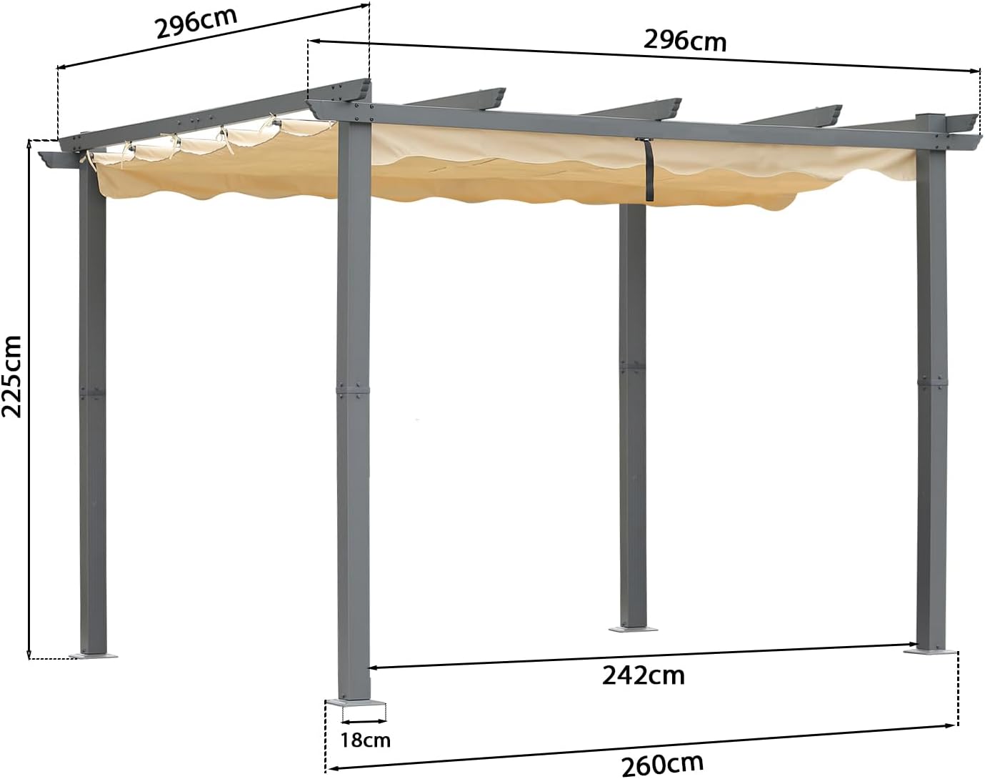 Angel Living Aluminium-Terrassenpergola mit einziehbarem Dach – 3 x 4 m – Beige