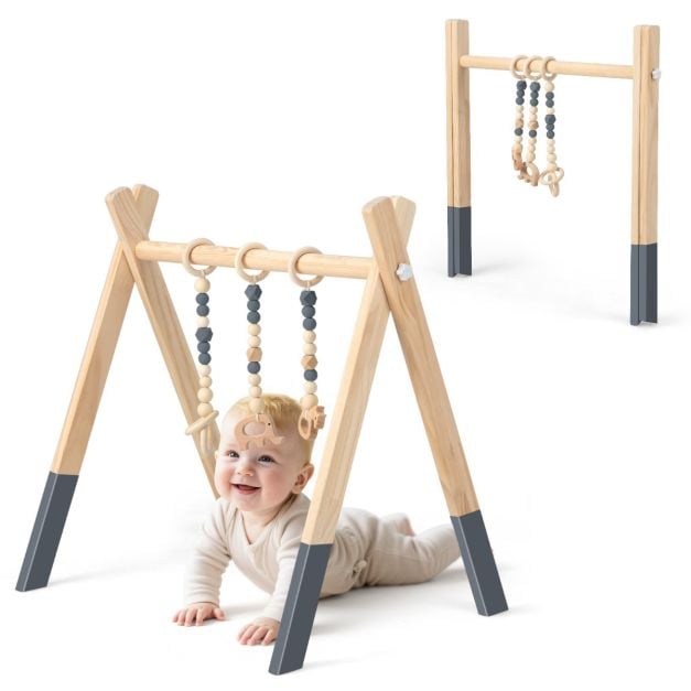 Coast Baby-Klettergerüst aus Holz – 3 Hängespielzeuge – 60 x 44 x 60 cm – Grün, Grau und Rosa