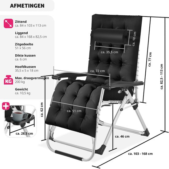 tectake - Liege Klappliege, Gartenliege, stufenlos verstellbar, Outdoor-Sessel für Balkon oder Garten, Liege mit extra dickem Kissen, Liege belastbar bis 200 kg (schwarz)