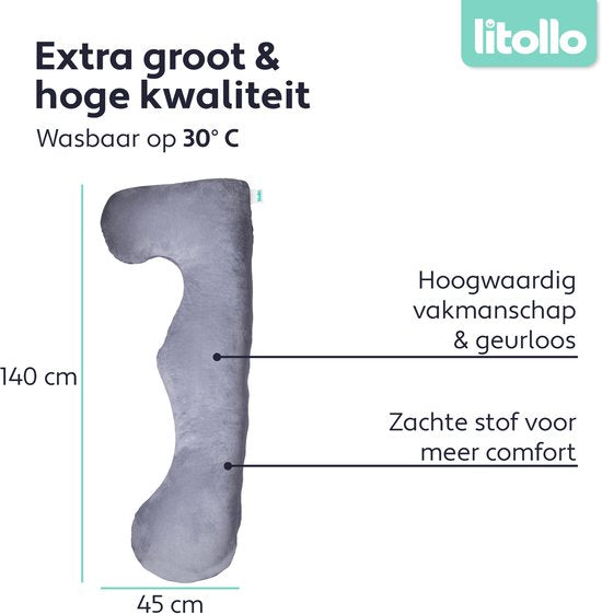 Litollo® Schwangerschaftskissen XL – Stillkissen – Körperkissen – Body Pillow – 140 cm – Abnehmbarer Bezug – Grau – Fleece