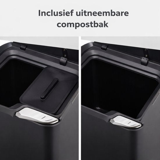 Bayt Mülleimer 60 Liter - Mülleimer 60 Liter - Mülltrennung - 2 Fächer - Edelstahl - Schwarz