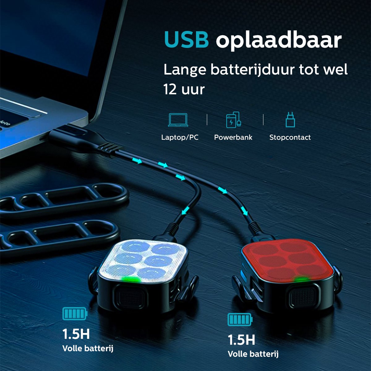 Inlustro LED-Fahrradlicht-Set - Vorder- und Rücklicht - USB aufladbar - wasserdicht - 7,5 x 3,2 cm - Schwarz
