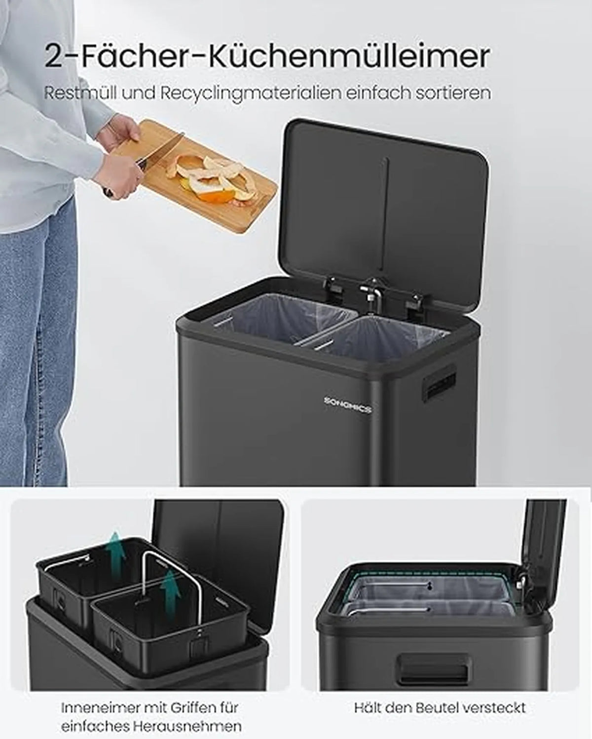 Songmics Küchenabfalltrennsystem 30 l – 2 x 15 l Abfallbehälter – Tiefschwarz – Stahl