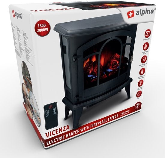 Alpina Electric Vicenza - Atmosphärischer Kamin - Fernbedienung und Timer - LED Flammen - 2000W - Schwarz - Mit Heizung