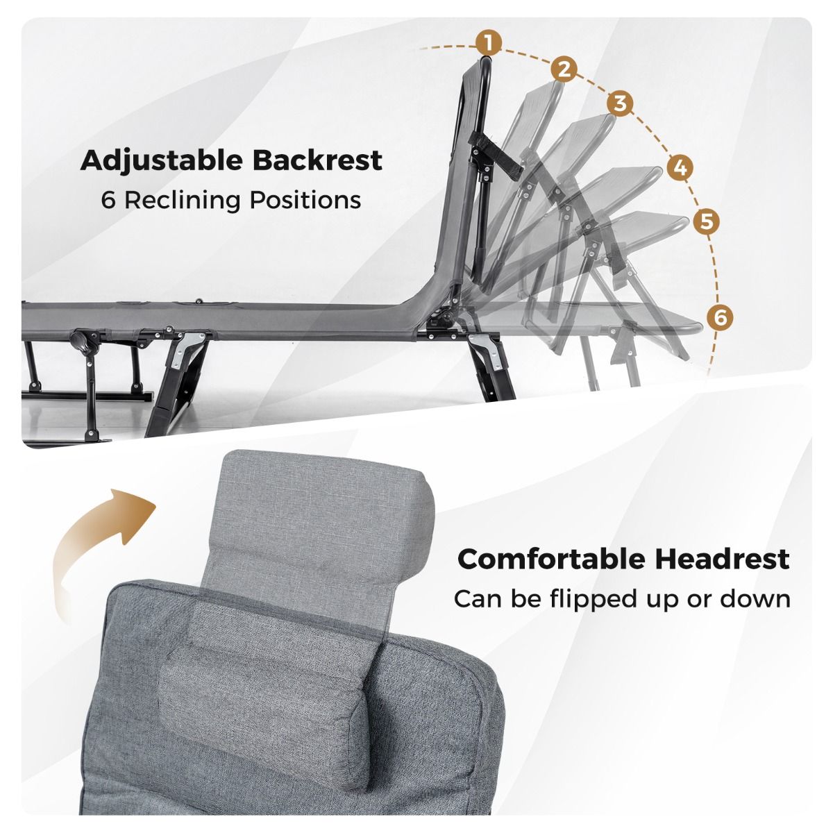 Coast Campingbett 3-in-1 – zusammenklappbares Feldbett und Liegestuhl – 6 Positionen – Grau und Schwarz