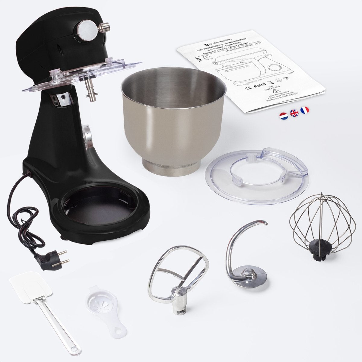 KitchenBrothers Küchenmaschine - Küchenmixer mit 6-Liter-Edelstahl-Mixtopf - 1800W - Schwarz