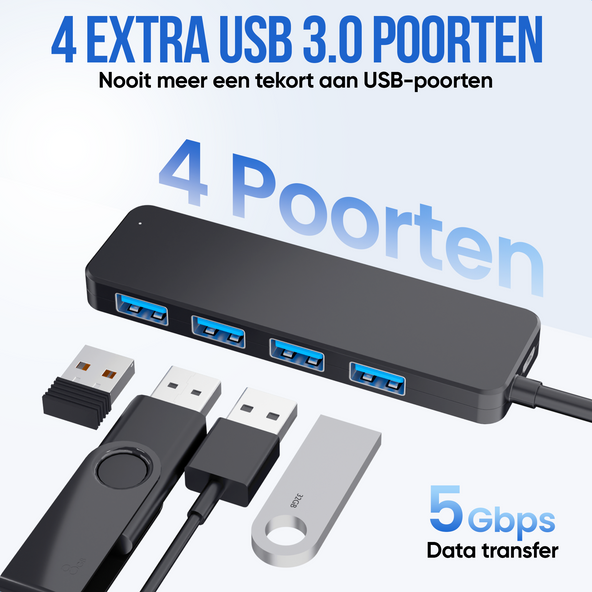 Strex USB 3.0 Hub - 4-Port USB Splitter - 5Gbps - Inklusive USB-C Adapter - 35 cm Kabel - Schwarz